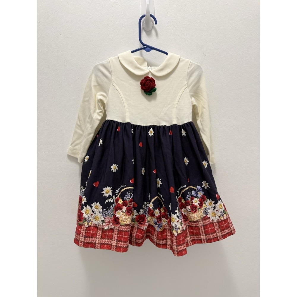 Monnalisa Girls 24M Floral Dress Italy Peter Pan Collar Rose Tulle Lined Luxury